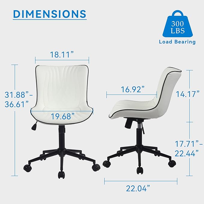 YOUNIKE Office Chair, Armless Desk Chair with Wheels, Home Office Computer Task Chairs, Modern Faux Leather Upholstered Vanity Chair, Adjustable Swivel Rocking Office Chair with Back, White