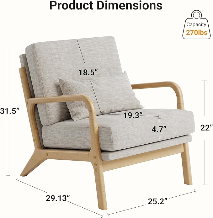 Claiks Mid-Century Modern Accent Chair, Living Room Armchair with Solid Wood Frame & Lumbar Pillow, Comfy Upholstered Lounge Chair for Bedroom, Office, Linen-Like Fabric, Light Gray