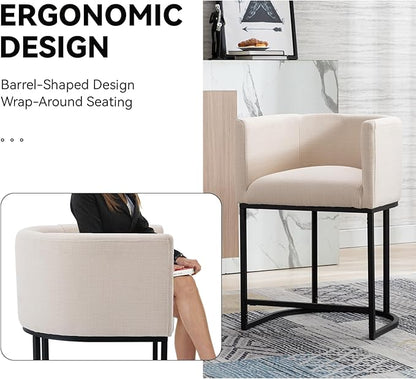 Contemporary Cream Linen Bar Stool, 24" Upholstered Fabric Counter Height Barstool Kitchen Counter Island Stool with Screwed Together Black Metal Base