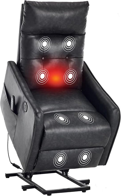 PELUMY Manual Lift Recliner Chair with Massage and Heat for Elderly, Single Motor Electric Lift Chair, Heavy Duty Recliner with USB Charging & Side Pockets (Breathable Leather, Grey)