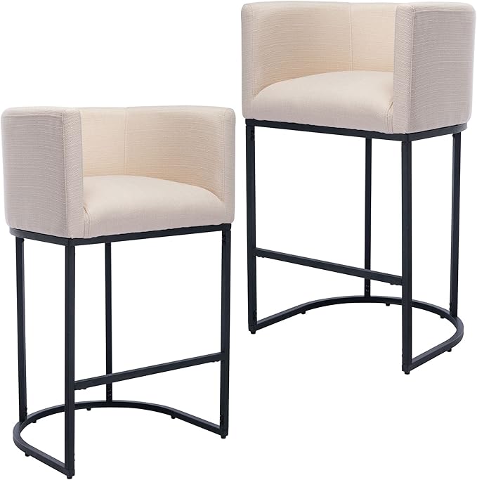 Contemporary Cream Linen Bar Stools Set of 2, 29" Upholstered Fabric Counter Height Barstools Kitchen Counter Island Stools with Screwed Together Black Metal Base