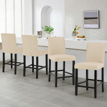 LSSPAID Counter Height Bar Stools Set of 4, 24.8 Inch Upholstered Fabric Barstools, Modern Kitchen Island Chairs with Backrest and Solid Wood Legs, Beige