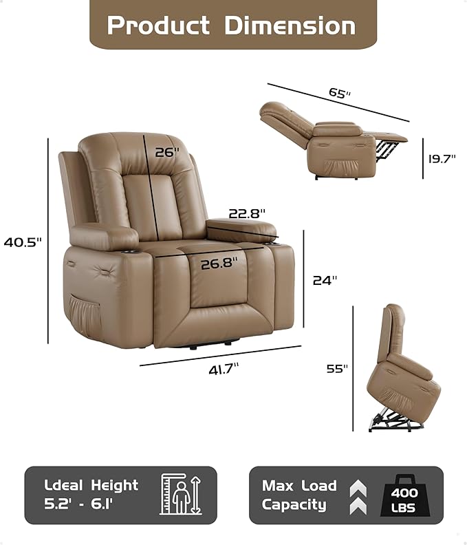 GarveeHome Oversized Wide Power Lift Recliner Chair - Heat and Massage, Faux PU Leather, Adjustable Back and Legs, Electric Lift Chair Designed for The Elderly and People with Mobility impaired