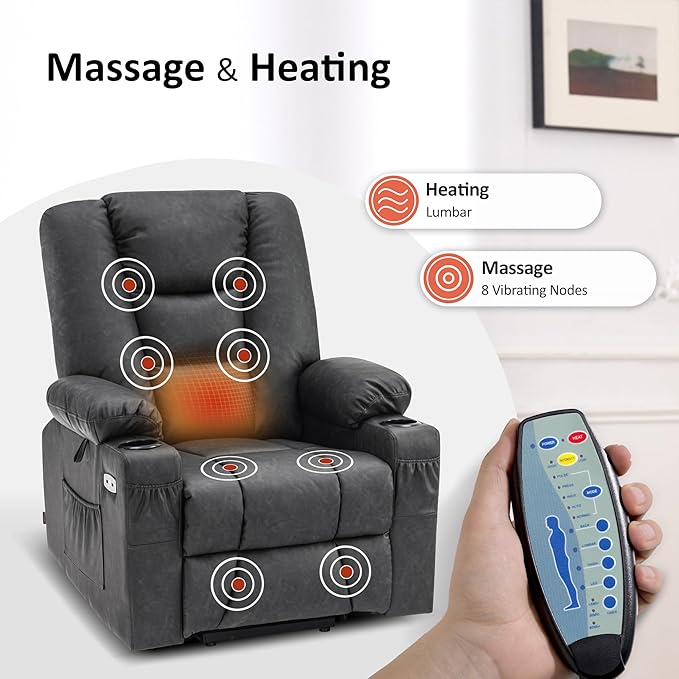 MCombo Power Lift Recliner Chair for Elderly, Lift Chair with Heat and Massage, USB Ports, Cup Holders, Faux Leather 7519 (Medium, Dark Grey)