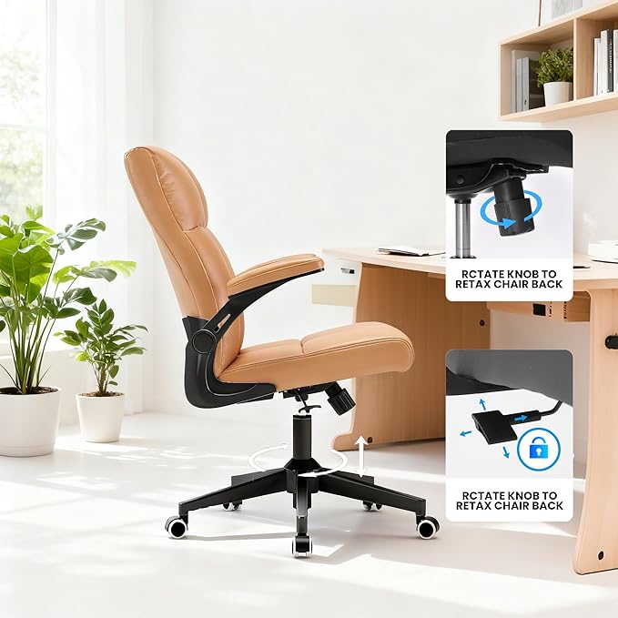 Ergonomic Office Desk Chair with Space Saving Flip-Up Arms, 360° Swivel & Reclining Back, High-Back Executive Chair in Soft Faux Leather for Office&Study (Brown)