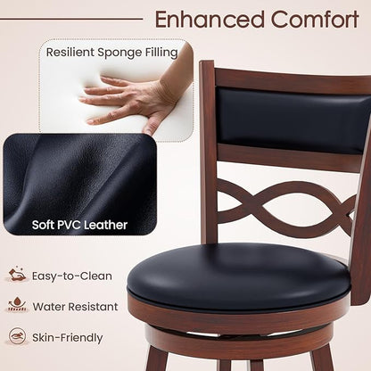 COSTWAY Bar Stools Set of 2, 29.5” Bar Height Stools with Rubber Wood Frame, Faux Leather Upholstered Seat and Backrest, Swivel Barstools for Kitchen Island, Pub, Brown (2, Seat Height: 29.5”)