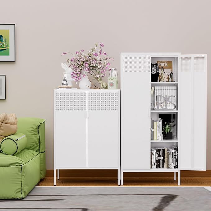 61 Inches Metal Storage Cabinet with Doors and Shelves, 4 Tier Kitchen Pantry Cabinet, Multi-Purpose Metal Cabinet for Home, Dining, Laundry, Living, Bathroom and Utility Rooms (White)