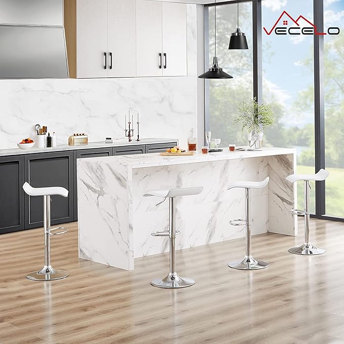VECELO Bar Stools Set of 4, Armless Adjustable Swivel Barstools, Modern Backless Counter Height Stools for Kitchen, Island, Bar, Pearl White