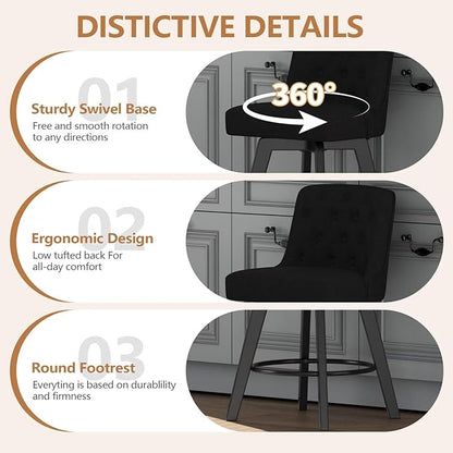 MINCETA Bar Stools Set of 4, 26 Inch Upholstered Barstools with Low Tufted Back and Footrest, Swivel Counter Height Barstools for Kitchen Island Home Bar Performance Fabric Black