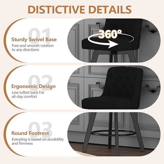 MINCETA Bar Stools Set of 2, 26 Inch Upholstered Barstools with Low Tufted Back and Footrest, Swivel Counter Height Barstools for Kitchen Island Home Bar Performance Fabric Black