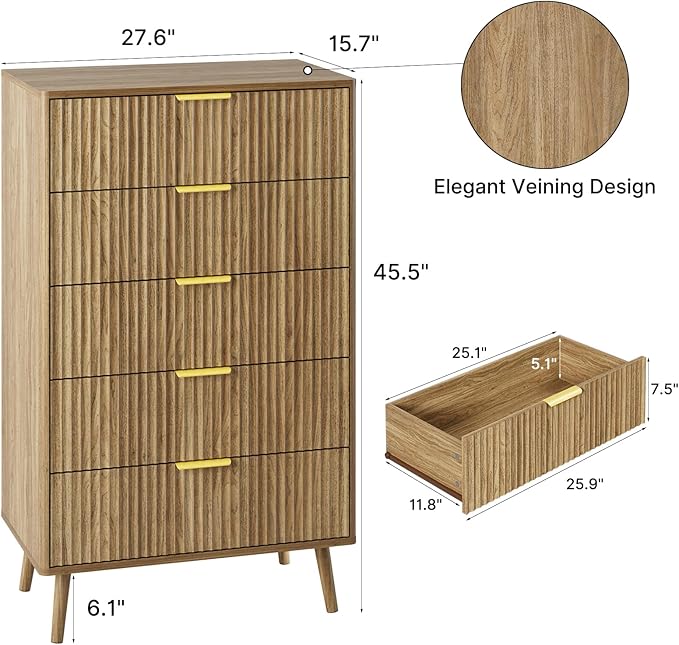 LYNSOM Fluted Dresser and Nightstand Sets 2 Piece, 2-Drawer Nightstands and 5-Drawers Dresser, Wood Bedroom Furniture Set for Home, Bedroom, Hallway, Natural Oak