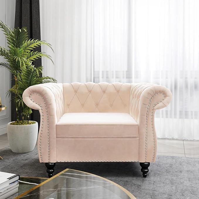Living Room Chair, Modern Velvet Chesterfield Sofa Chair, Mid Century Single Sofa Couch Chair with Tufted Back and Rolled Arms, Accent Sofa Chair for Living Room Apartment, Beige