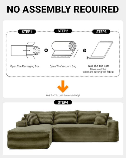 95 Inch Cloud Sectional Couch,Modular Sectional Sofa with Deep Seat,Modern Corduroy Boneless Couches with L-Shape Chaise for Living Room Bedroom,No Assembly Required (Green, Left Facing Chaise)