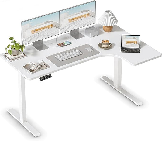 FEZIBO 55×32 inch L Shaped Electric Corner Standing Desk, 4 Memory Height Settings,Home Office & Computer Height Adjustable Table, Ergonomic Sit and Stand Up Workstation with Splice Board,White Top