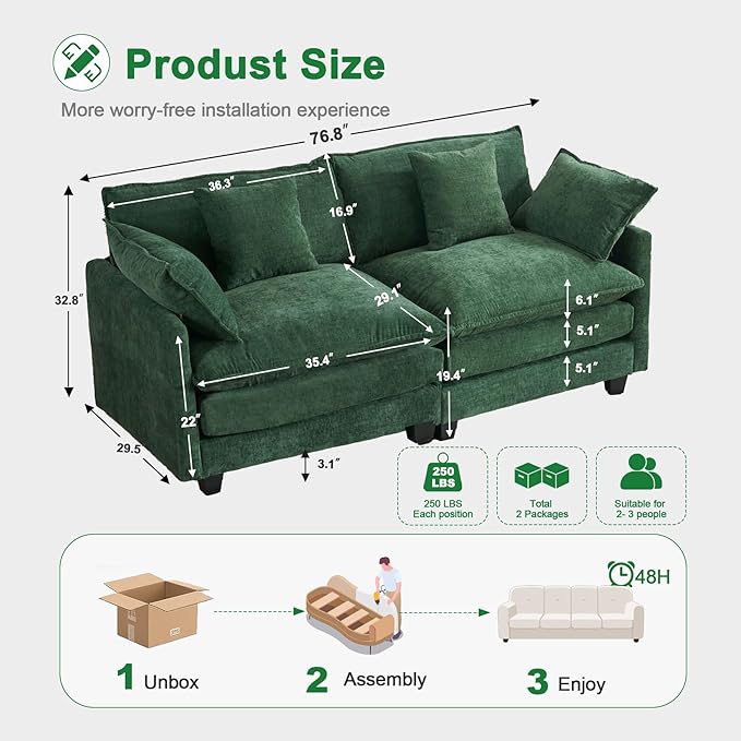 77" Cloud Chenille Sofa Set with Pillows, Deep Seat Loveseat Couch for Apartments, Space Saving 2-Seater with Solid Wood Frame, Easy Assembly (1YR Guarantee)