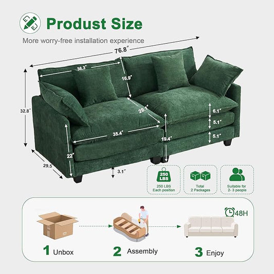 77" Cloud Chenille Sofa Set with Pillows, Deep Seat Loveseat Couch for Apartments, Space Saving 2-Seater with Solid Wood Frame, Easy Assembly (1YR Guarantee)