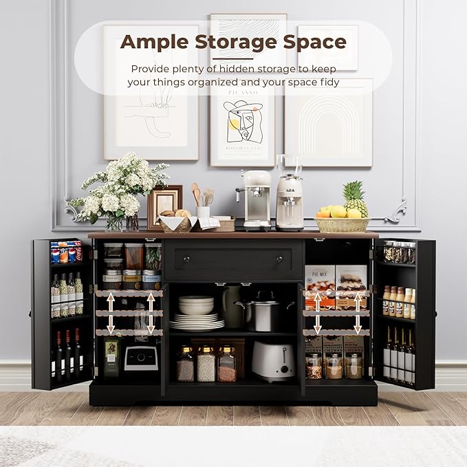 55.1" Buffet Cabinet with Storage, Charging Station, Modern Kitchen Buffet Sideboard with Drawer, Black Wood Coffee Bar with Adjustable Shelves & Spice Rack, Kitchen Storage Cabinet for Living Room