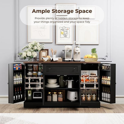55.1" Buffet Cabinet with Storage, Charging Station, Modern Kitchen Buffet Sideboard with Drawer, Black Wood Coffee Bar with Adjustable Shelves & Spice Rack, Kitchen Storage Cabinet for Living Room