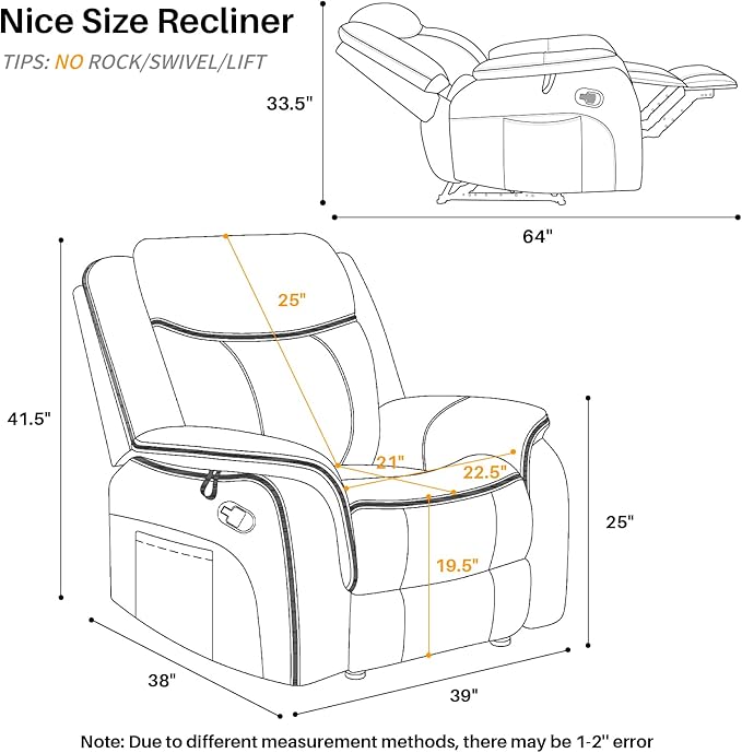 Massage Recliner Chair with Heated, Faux Leather Recliner Chairs for Adults, 39" Manual Reclining Ergonomic Lounge Chair for Living Room with Overstuffed Backrest, Side Pocket, Nut Brown