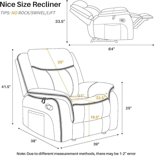 Massage Recliner Chair with Heated, Faux Leather Recliner Chairs for Adults, 39" Manual Reclining Ergonomic Lounge Chair for Living Room with Overstuffed Backrest, Side Pocket, Nut Brown