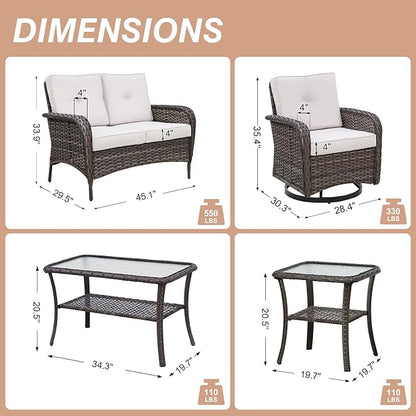 COOS BAY Vintage Courtyard Patio Furniture Set, Wicker Outdoor Furniture, Patio Conversation Sets, 2 Swivel Rockers, Loveseat, Coffee Table and Side Table, 5 Pieces, Gray/Beige