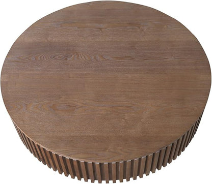 39.37'' Round Coffee Table for Living Room, Fluted Coffee Table with Hidden Storage, Solid Wood Veneered Circle Tea Table, Modern Tea Table for Small Space Apartment (Walnut)