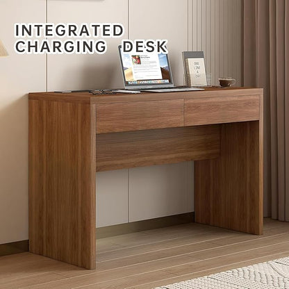 Executive Desk with Drawers, Computer Desk with Drawers with Pre-Embedded Slots, 47 inch Modern Walnut Home Office Desk with Charging Station for Study, Living Room, Bedroom