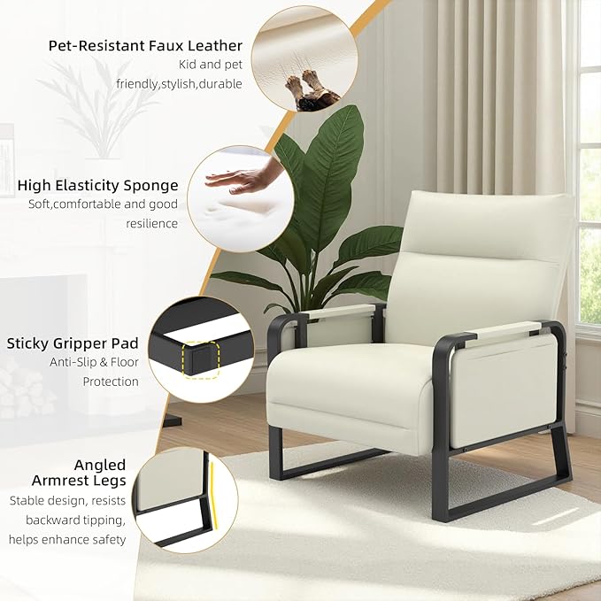 Faux Leather Accent Chairs Set of 2 with Flip Up Tray Tables Soft Backrest for Living Room Office Bedroom Modern Accent Chairs, Beige