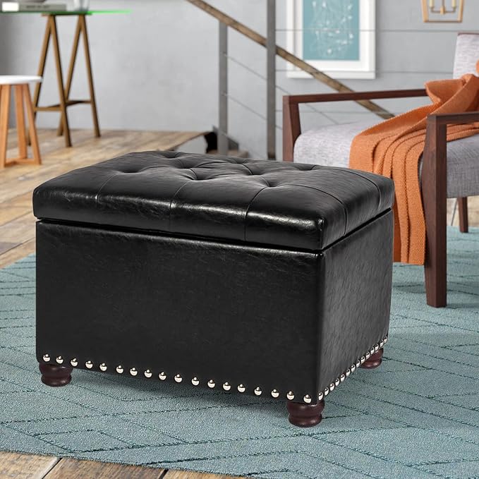 24'' Leather Storage Ottoman Rectangular Foot Rest Stool with Nailhead Trim Chests & Storage Room Organizer for Bedroom Living Room(Black)