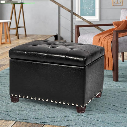 24'' Leather Storage Ottoman Rectangular Foot Rest Stool with Nailhead Trim Chests & Storage Room Organizer for Bedroom Living Room(Black)