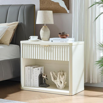 LEYAOYAO 31" Wide Fluted Nightstand with Charging Station, Oversized Extra Large 1 Drawer Night Stand with Golden Handle, White Wood Bedside Table Tall End Tables,for Bedroom, Living Room, Hallway
