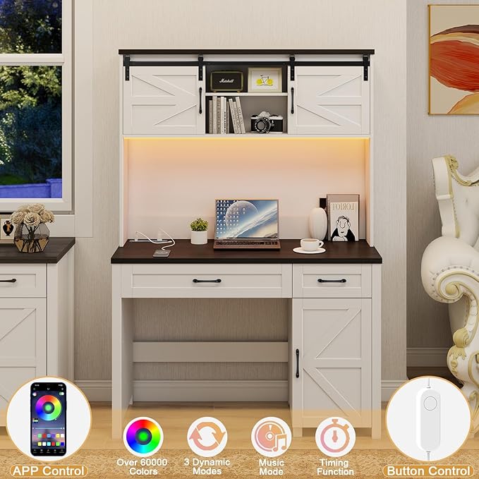 Vabches Farmhouse 47" Executive Desk, Computer Desk with 2 Drawers, LED Light and Storage Cabinet, Home Office Desk with Hutch, Charging Hub, Workstation for Home Office and Study,(Black desktop).