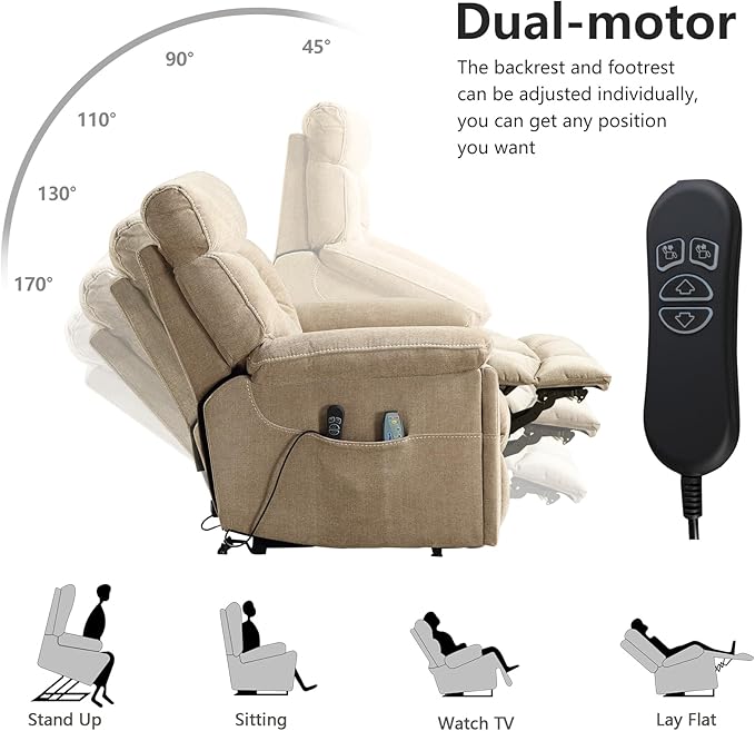 CANMOV Dual Motor Power Lift Recliner Chair for Elderly, 27" Extra-Wide Seat 450 lbs Weight Capacity Infinite Position Adjustment, with Heated Massage, Cup Holders and USB Port, Camel Fabric