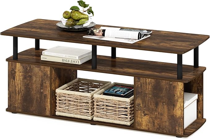 Furinno Jaya Coffee Table, Rectangle Modern Coffee Table with Open Shelf, Side Table with Side Storage, for Living Room, Bedroom, Home Office, Amber Pine