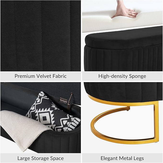 EcoHarbor Living 50.5" Storage Bench Velvet Bedroom Ottoman,Upholstered End of Bed Bench with Gold Legs,Flipping Lid Entryway Footrest
