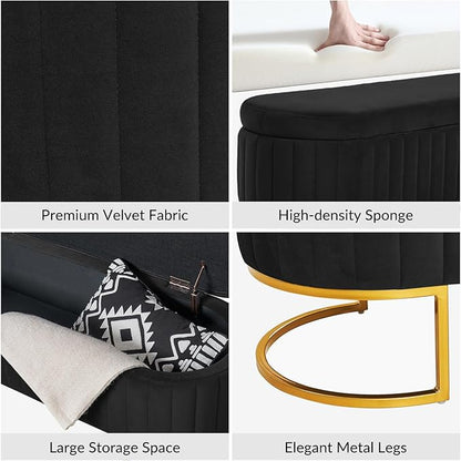 EcoHarbor Living 50.5" Storage Bench Velvet Bedroom Ottoman,Upholstered End of Bed Bench with Gold Legs,Flipping Lid Entryway Footrest