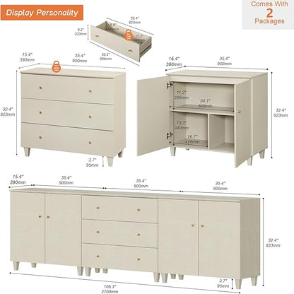 WAMPAT Sideboards Buffet Cabinet, 3-in-1 Wood Wide Credenza Storage Cabinet with Doors and Drawers, Modern Kitchen Coffee Bar Table with Storage for Living Room Dining Room, Beige Linen