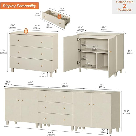 WAMPAT Sideboards Buffet Cabinet, 3-in-1 Wood Wide Credenza Storage Cabinet with Doors and Drawers, Modern Kitchen Coffee Bar Table with Storage for Living Room Dining Room, Beige Linen