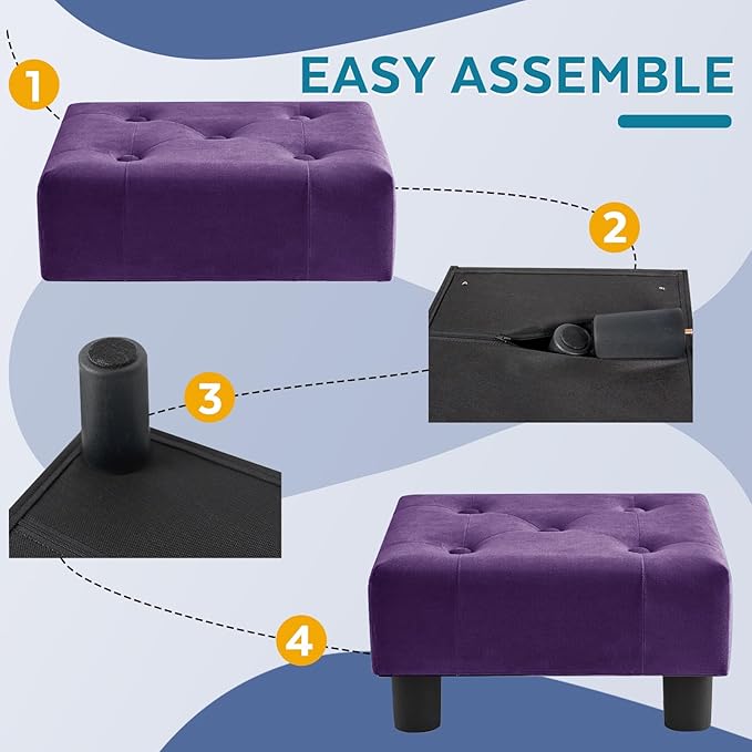 Small Foot Stool Ottoman, Velvet Footstool Ottoman Foot Rest for Couch, Rectangle Footstools and Ottomans Small for Living Room, Entryway and Bedroom (Purple)