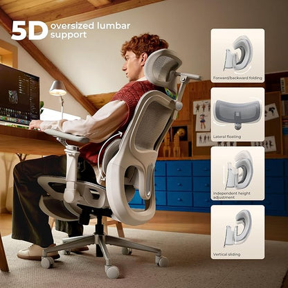 Hbada P2 Ultra Ergonomic Office Chair, Office Chair with 5D Lumbar Support, Mesh Ergonomic Chair with 6D Arms & 4D Headrest, 140° Stepless Tilt Function, White