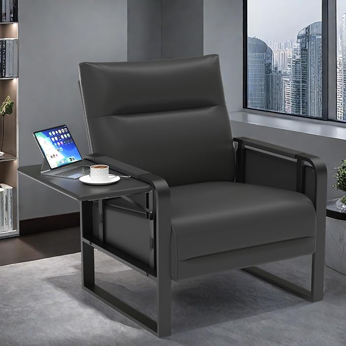 Faux Leather Accent Chair, Upholstered Armchair with Side Tray & Pocket, Comfy Reading Chair for Living Room, Bedroom, Guest Room, Black