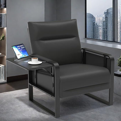 Faux Leather Accent Chair Set of 2, Upholstered Armchair with Side Tray & Pocket, Comfy Reading Chair for Living Room, Bedroom, Guest Room, Black
