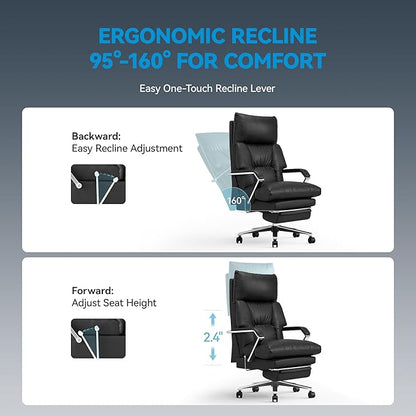 Reclining Office Chair with Footrest - 25.6" Wide Seat & Adjustable Seat Depth, Big and Tall High Back Leather Executive Home Office Desk Chair 400lbs, Black