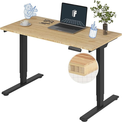 Pro Bamboo 3 Stages Dual Motor Electric Standing Desk 48x24 Inches Whole-Piece Desk Board Height Adjustable Desk Electric Stand Up Desk Sit Stand Desk(Black Frame + Bamboo Desktop)