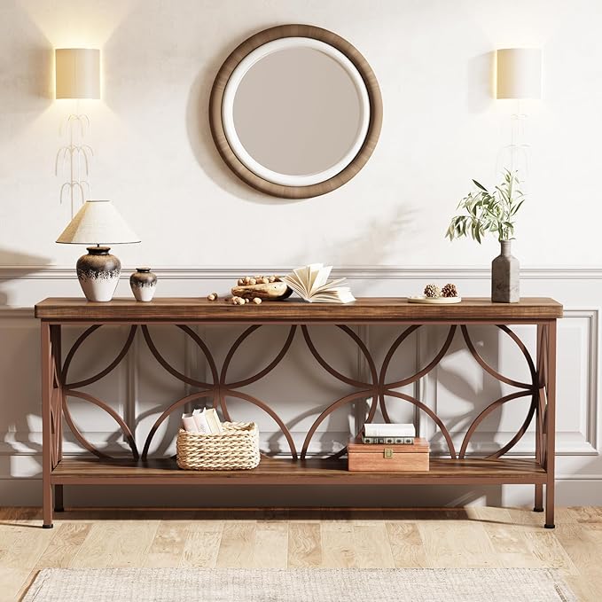 Tribesigns 70.9-Inch Narrow Sofa Table, Industrial Long Sofa Table Behind Couch, Entry Console Table with Storage for Entryway, Living Room, Foyer, Unique Design, Brown Matte