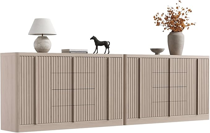 Buffet Cabinet with Storage, 120" Fluted Sideboard with 8 Drawers & 4 Door–Modern Accent Buffet Cabinet with Adjustable Shelves, Credenza Storage Cabinet for Kitchen Living Room, White Alder(2PC)