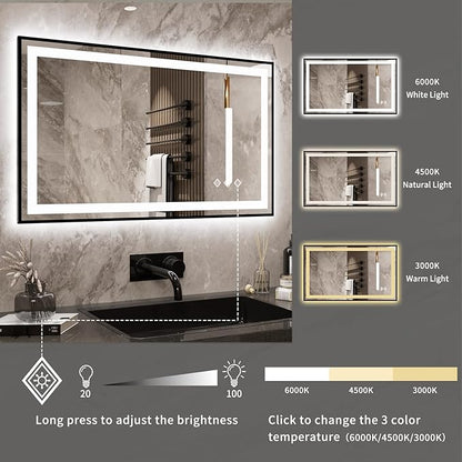 LED Mirror, 40x24 Inch Black Framed Gradient Front and Backlit Lighted Vanity Mirror, 3 Colors Dimmable CRI>90, IP54 Enhanced Anti-Fog Wall Mounted LED Bathroom Mirror