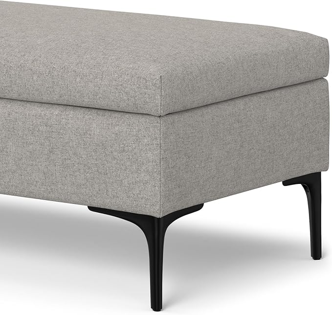 SIMPLIHOME Rebecca 48 inch Wide Mid Century Modern Rectangle Large Coffee Table Storage Ottoman with Lift up Lid in Cloud Grey Polyester , Assembled, For the Living Room, Entryway and Family Room