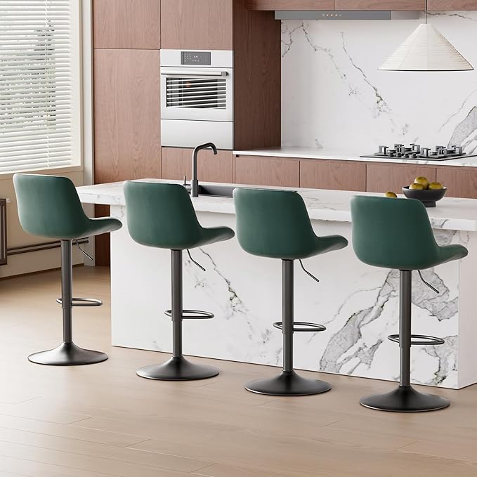 Nalupatio Bar Stools Set of 4, Adjustable Modern Swivel Bar Stools with Backs, Counter Height Performance Fabric Island Chairs for Home Kitchen, Dark Green