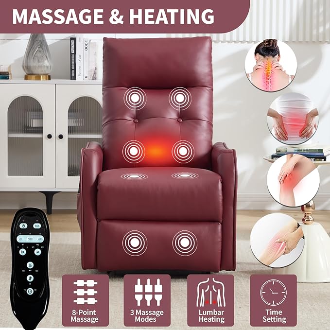 PELUMY Manual Lift Recliner Chair with Massage and Heat for Elderly, Single Motor Electric Lift Chair, Heavy Duty Recliner with USB Charging & Side Pockets (Breathable Leather, Red)